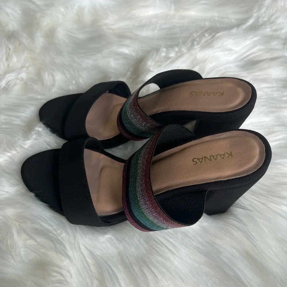 Kaanas size 37 NWOT black pink green multi color sparkley block heels